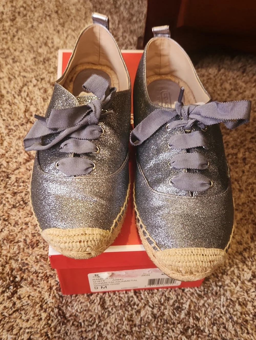 Coach Glitter Espadrille Lace-Up Flats - Silver